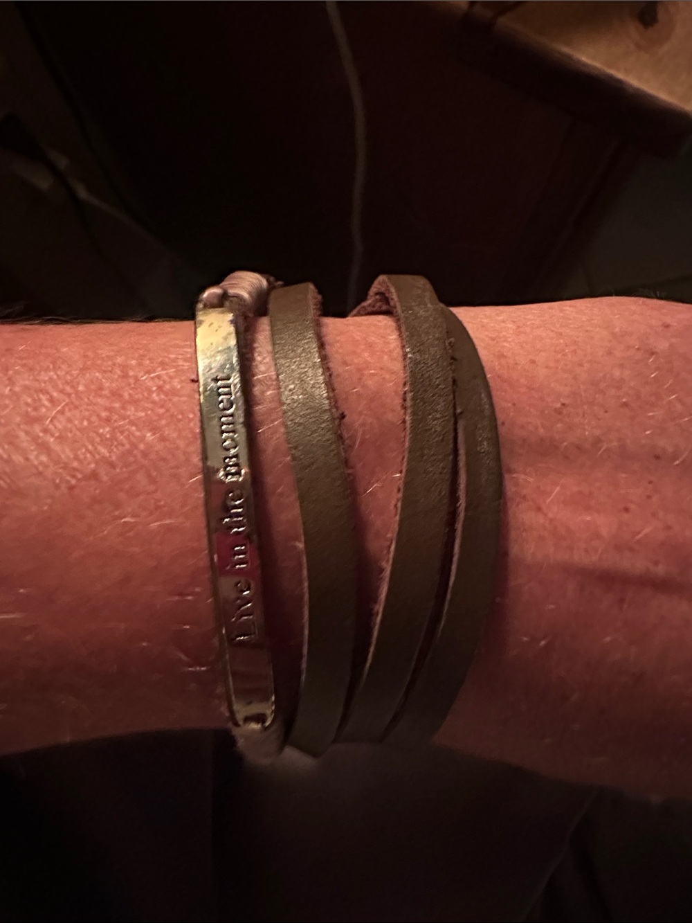 Wrap Leather Bracelet with Etched Metal Bar - chocolate brown